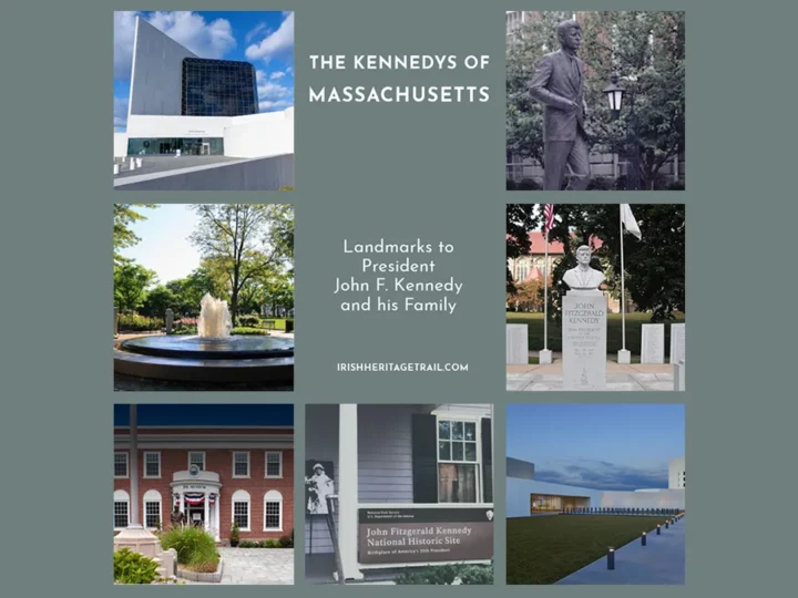 Photos Clockwise: JFK Statue at the State House in Boston; Kennedy Park in Holyoke; Edward M. Kennedy Institute for the Senate in Boston; John F. Kennedy Birthplace in Brookline; Kennedy Museum in Hyannis; Rose F. Kennedy Garden in Boston; and JFK Library + Museum in Boston.