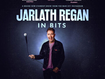 A brand new stand up comedy show from Yer Man Off Instagram — Jarlath Regan: In Bits. Photo of Jarlath in a black jacket swinging a microphone