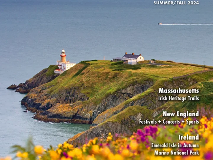 Travel & Culture Magazine Cover Summer/Fall 2024 - yellow and pink spring flowers on the hills over looking a lighthouse on a cliff and the ocean