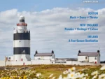 Travel & Culture Magazine Cover with image of Lighthouse featuring bold black and white horizontal stripes with a field of daisies in the forground