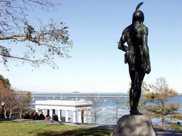 Massasoit statue overlooking plymouth rock & plymouth harbor