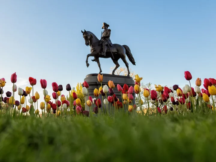 George Washington statue and flowers
