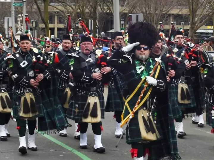 Men in kilts marching in New Haven Connecticut in Saint Patrick's Day Parade