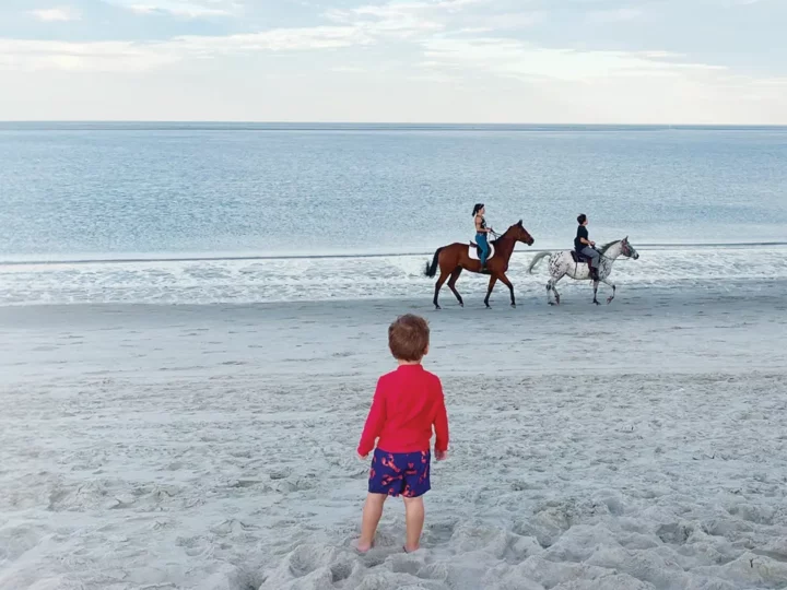 Boy looks at horseback riders on a beach north of Boston