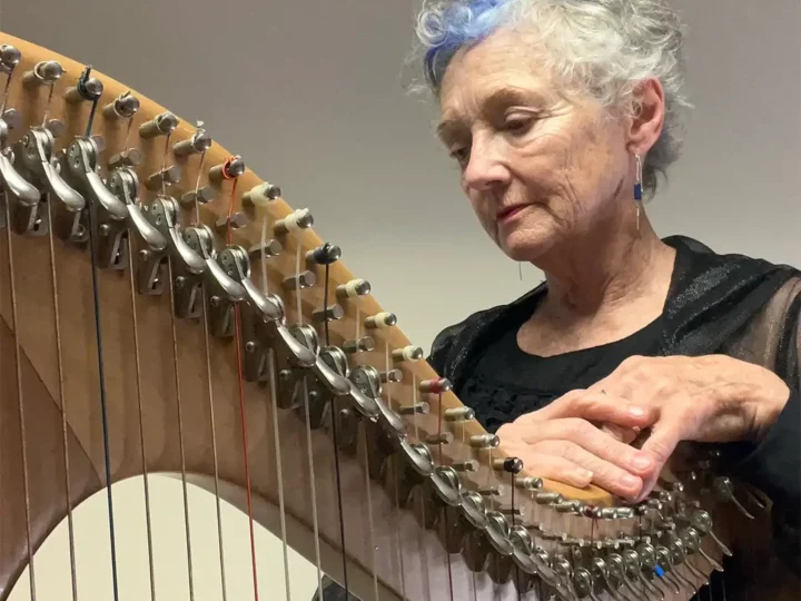 Regina Delaney elegantly leaning on her harp