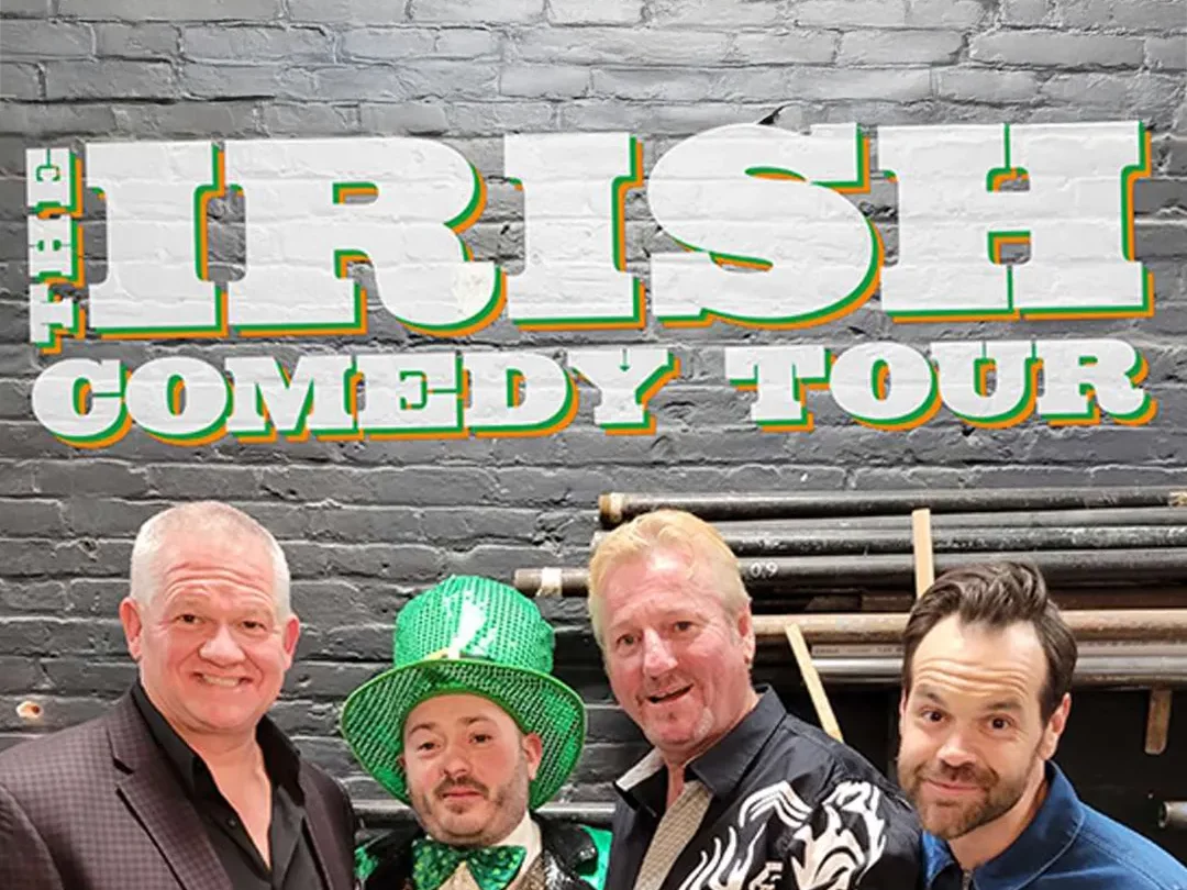 4 comedians posing for promo graphic, one is wearing an oversized St. Patrick's Day hat