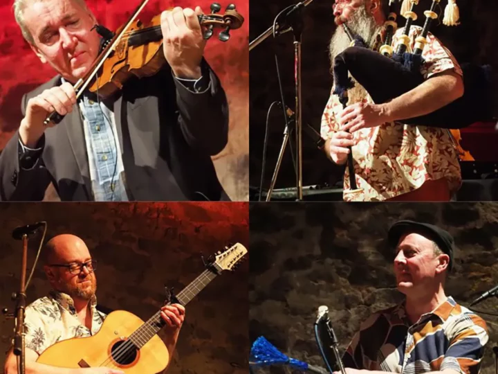 Collage of Old Blind Dogs band members playing their instruments