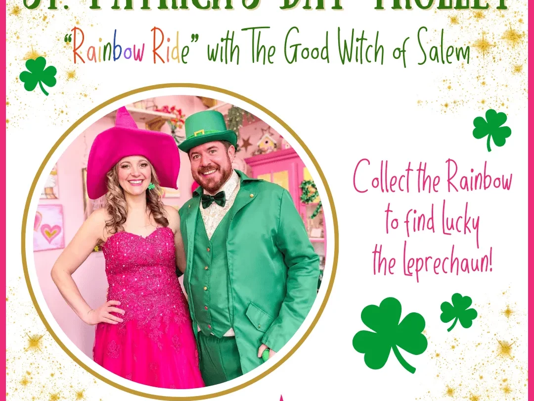 Collect the Rainbow and find the Lucky Leprechaun. A happy witch dressed in pink with a smiling man dressed all in green