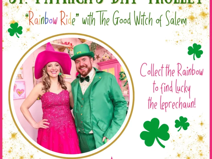 Collect the Rainbow and find the Lucky Leprechaun. A happy witch dressed in pink with a smiling man dressed all in green