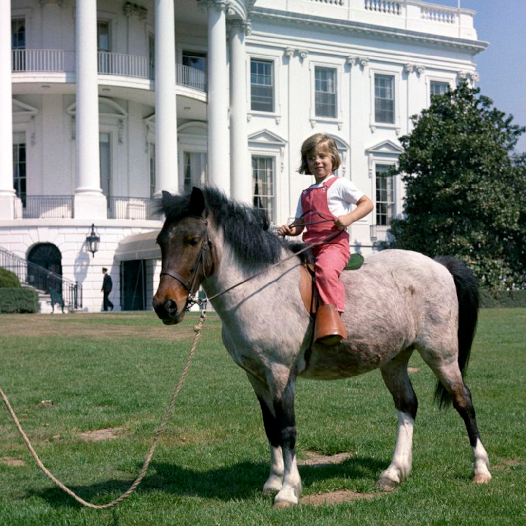 Caroline Kennedy with Macaroni the pony